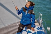 Action shot of British sailor Pamela Lee wearing BR3 Offshore Jacket &amp; Trousers on foredeck_82548_539_L_7